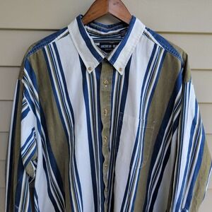 American Blue Striped Button Down Shirt Mens 2XL Blue Olive Green 90s Vintage